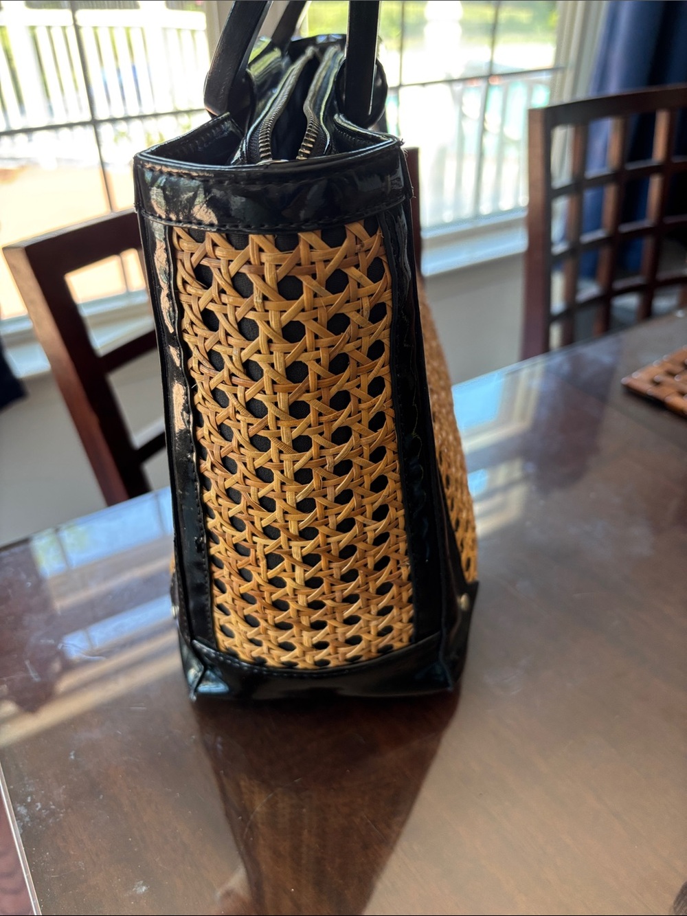 White House Black Market Black and Natural Woven Handle Satchel - Picture 6 of 8